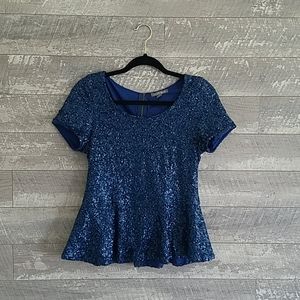 Blue Sequined Peplum Top